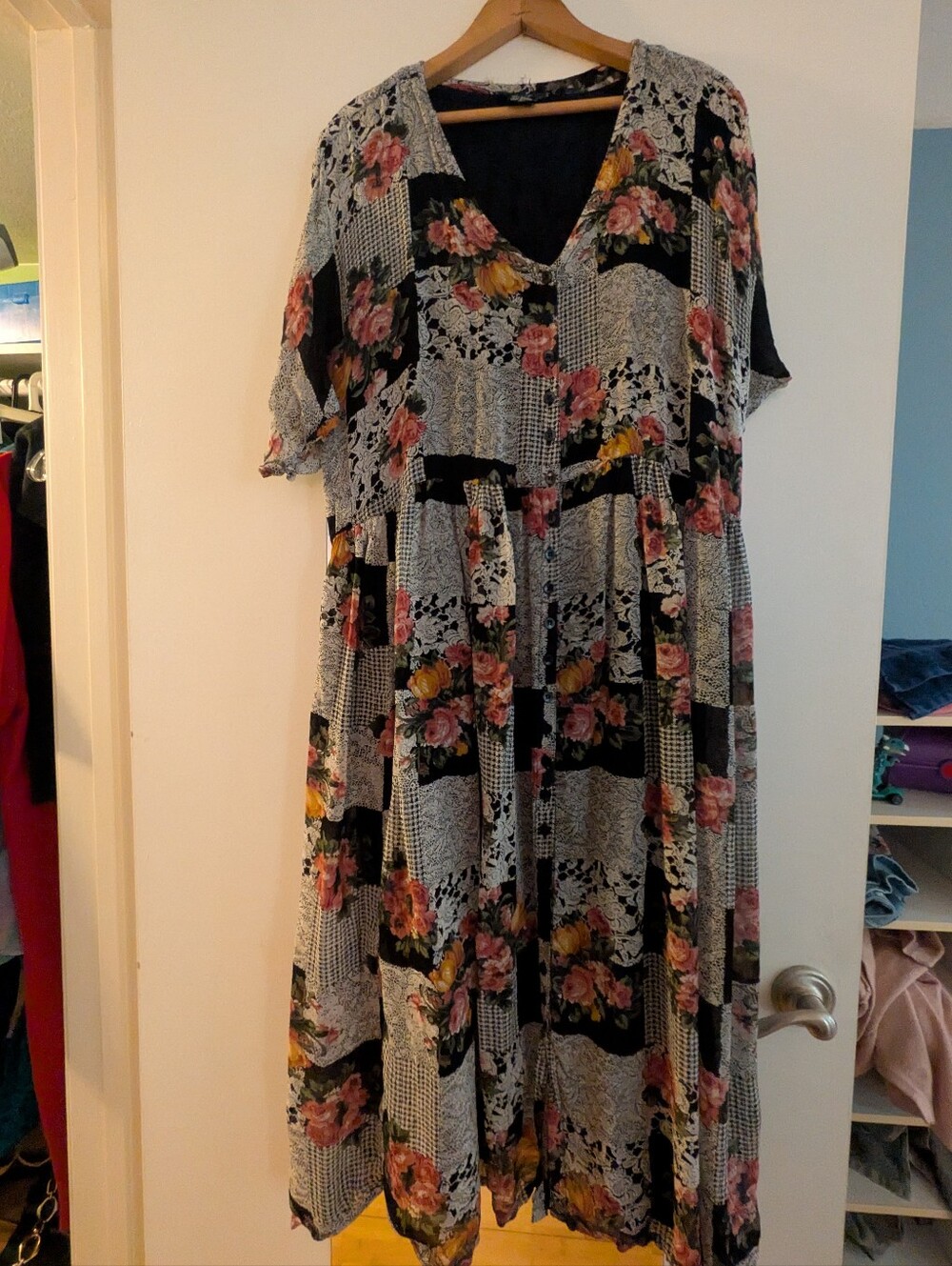 Vintage 90s Nostalgia Floral Patchwork Lace Rayon Maxi Dress L Whimsigoth Grunge